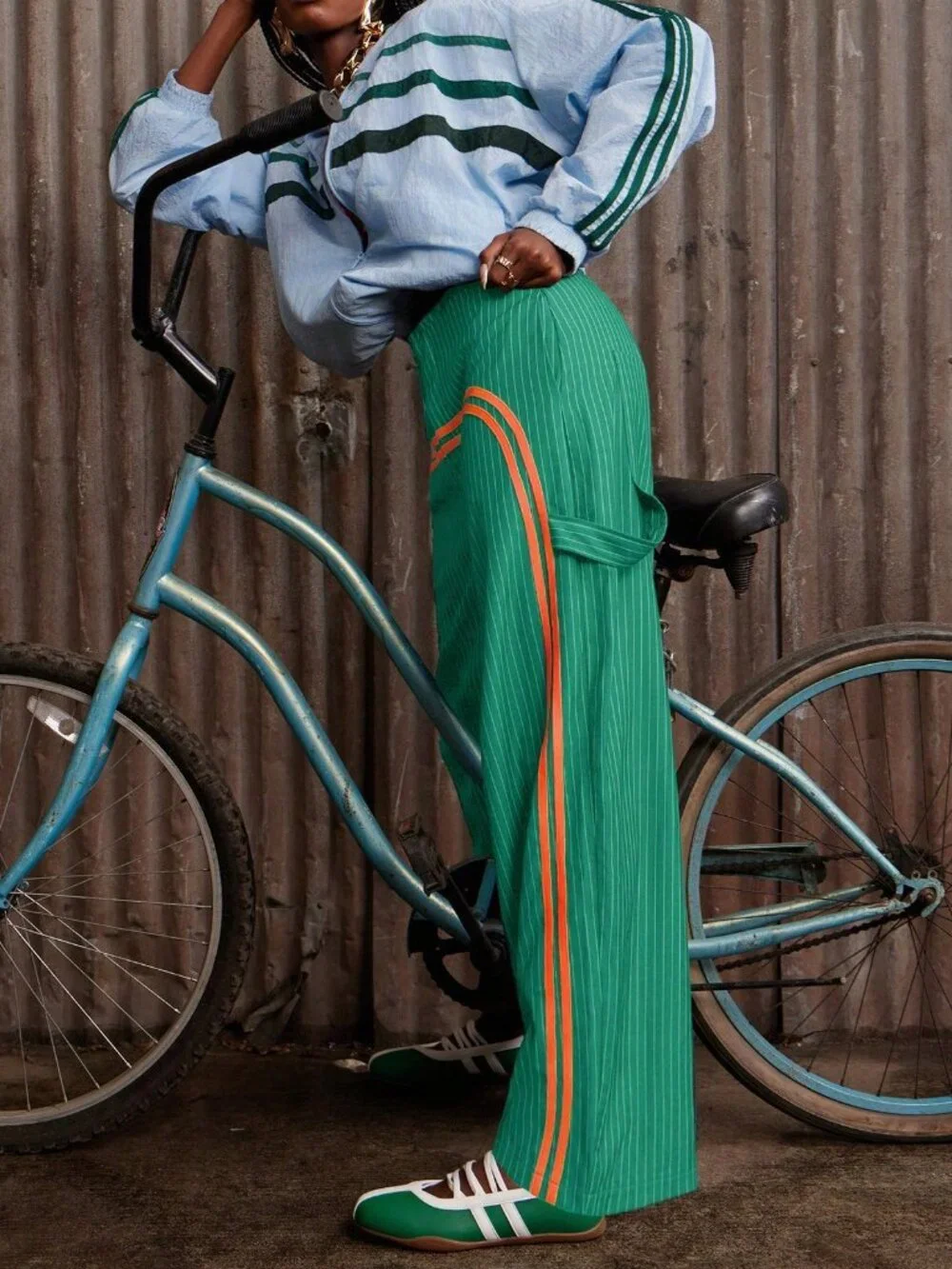 Green Casual Women's striped wide legged Pants - Picture 3 of 7